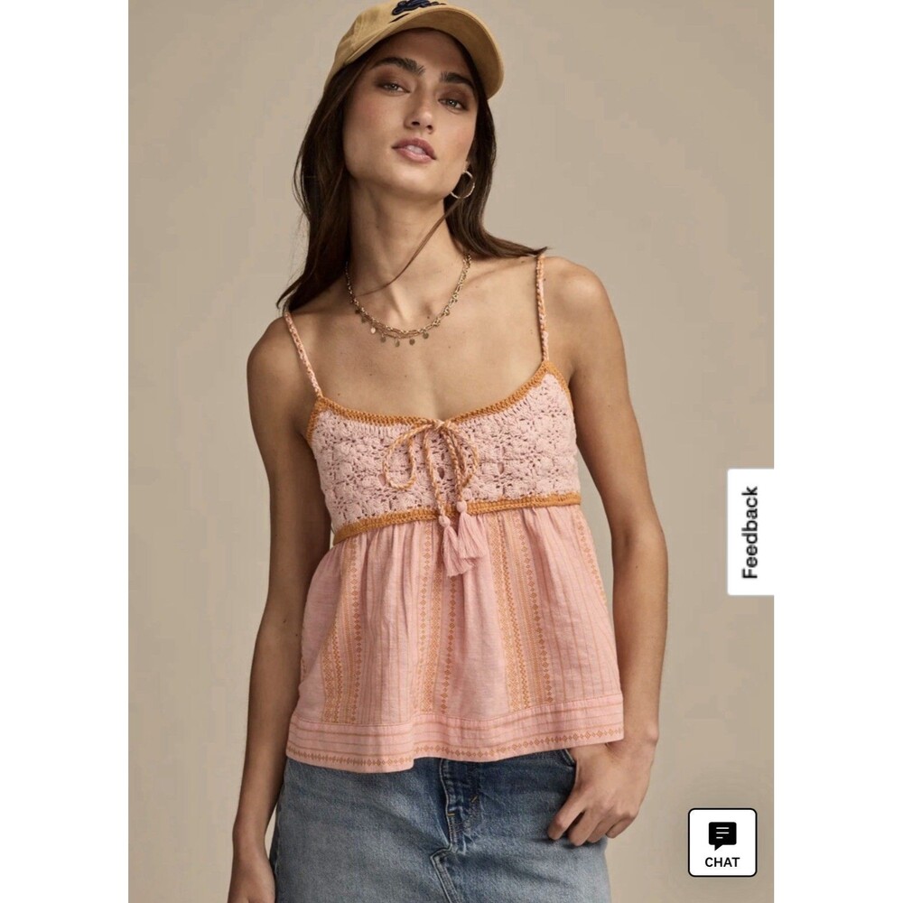 Lucky Brand Crochet Bodice Tank Smoked Top Size XXL Boho Festival Camisole